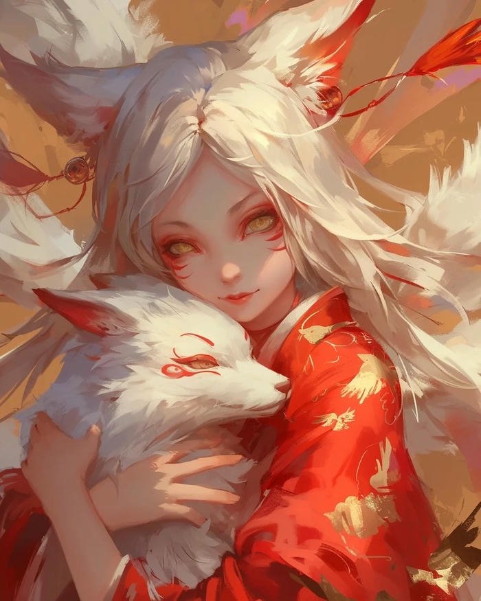 Ảnh hồ ly anime nữ tóc trắng ôm hồ ly nhỏ màu trắng