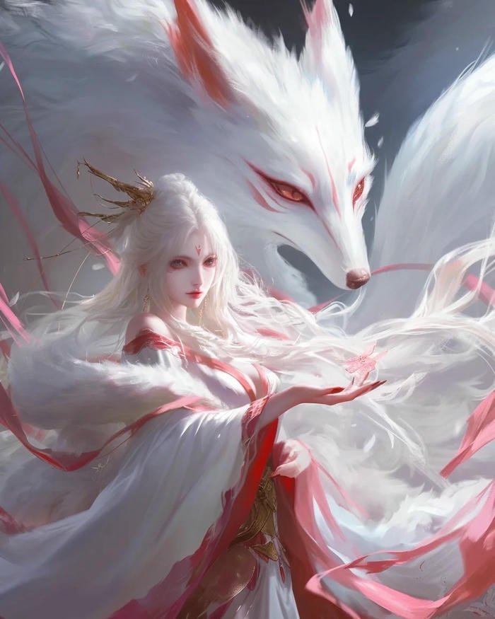 Ảnh hồ ly anime nữ tóc trắng váy trắng múa quạt