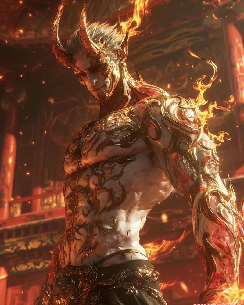 Anime ác quỷ ngầu dạng lửa đứng trong lửa