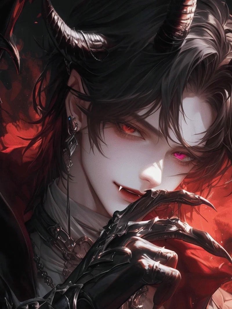Anime ác quỷ ngầu với mái tóc đỏ và sừng