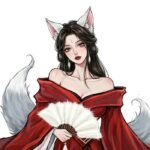 Anime cô gái hồ ly tóc đen tai đen mặc kimono đỏ trắng