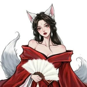 Anime cô gái hồ ly tóc đen tai đen mặc kimono đỏ trắng
