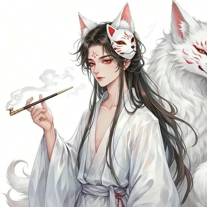 Anime cô gái hồ ly tóc đen tai trắng mặc đồ trắng