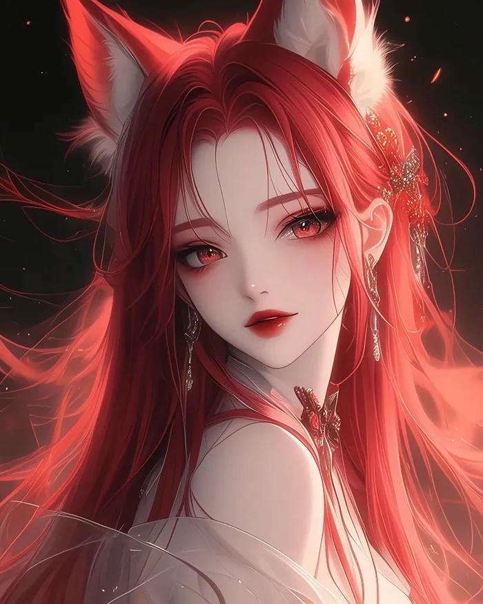Anime cô gái hồ ly tóc đỏ tai đỏ mắt đỏ quyến rũ