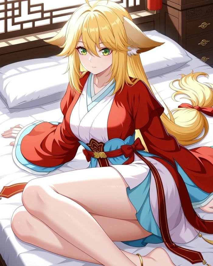 Anime cô gái hồ ly tóc vàng tai vàng mặc kimono đỏ