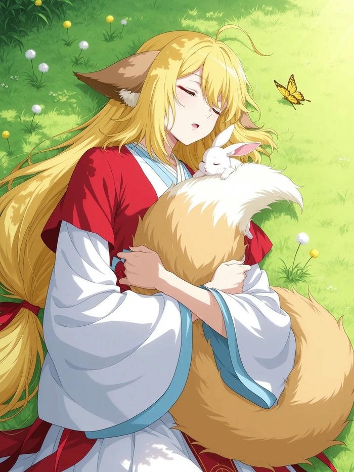 Anime cô gái hồ ly tóc vàng tai vàng ôm đuôi vàng