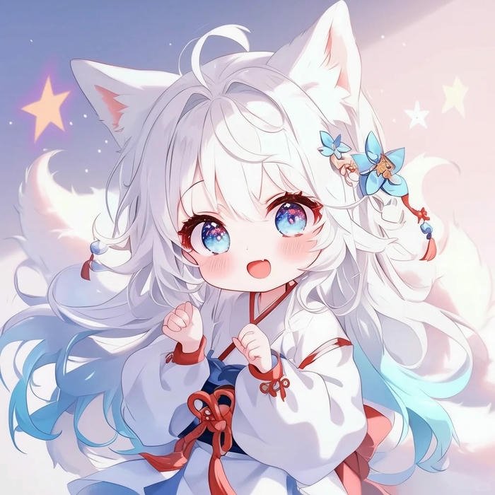 Anime hồ ly cute bé gái tóc trắng tai hồ ly xanh