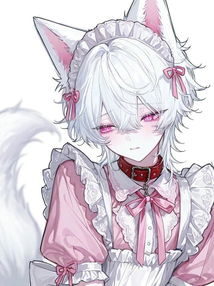 Anime hồ ly cute bé gái tóc trắng váy hồng tai hồng