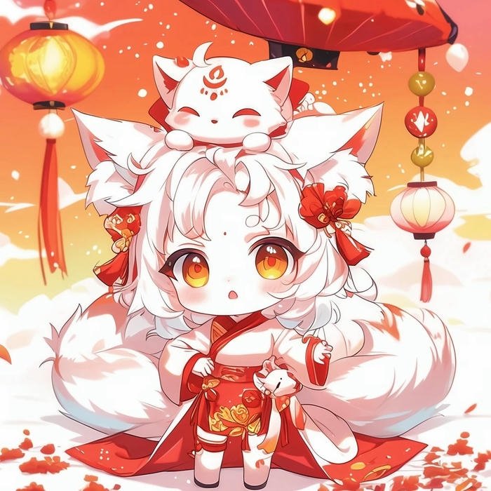 Anime hồ ly cute chibi tóc trắng tai đỏ mặc đồ đỏ
