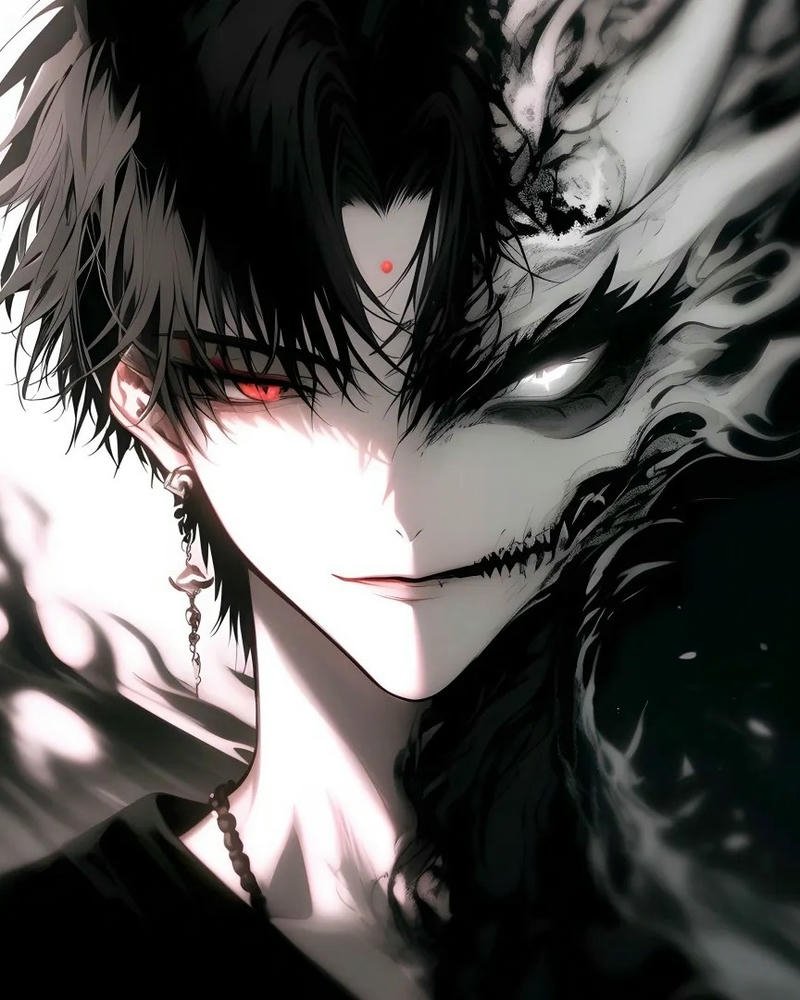 Art anime ác quỷ đen trắng với nụ cười đáng sợ