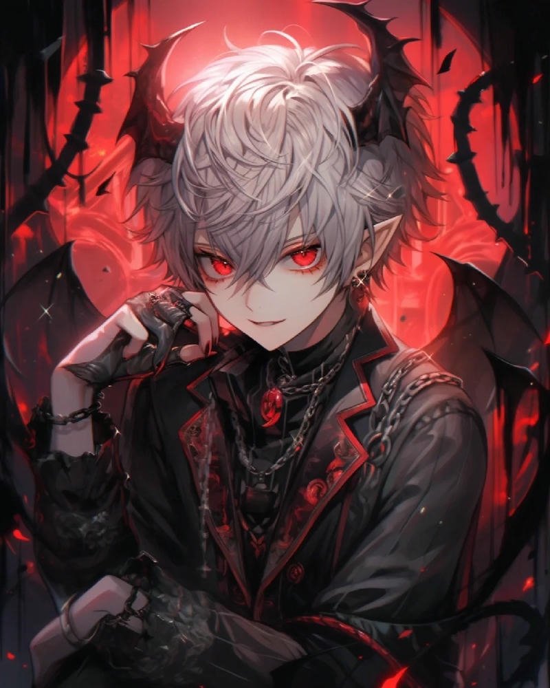 Art anime ác quỷ nam tóc trắng ngồi trên ghế đỏ