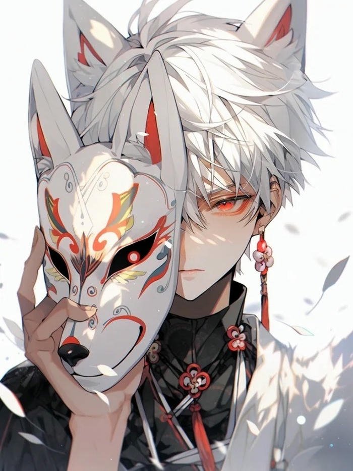 Art hồ ly anime nam tóc trắng cầm mặt nạ hồ ly