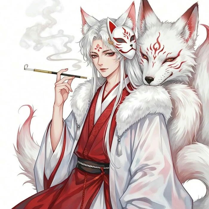Art hồ ly anime nam tóc trắng cầm tẩu thuốc cổ trang