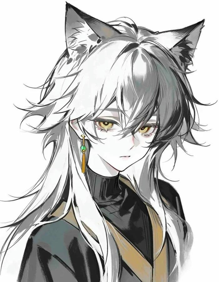 Art hồ ly anime nam tóc trắng tai trắng nét vẽ chì
