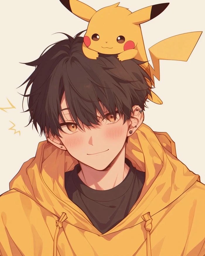 Avatar Pikachu đậu trên vai một chàng trai anime