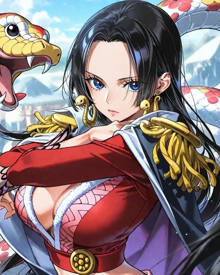 Boa Hancock anime khoanh tay đứng cạnh rắn Salome