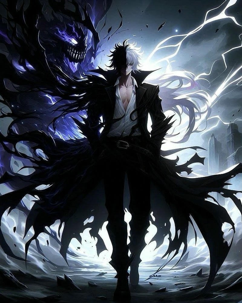 Hình ảnh anime ác quỷ lạnh lùng đứng dưới trời sấm sét