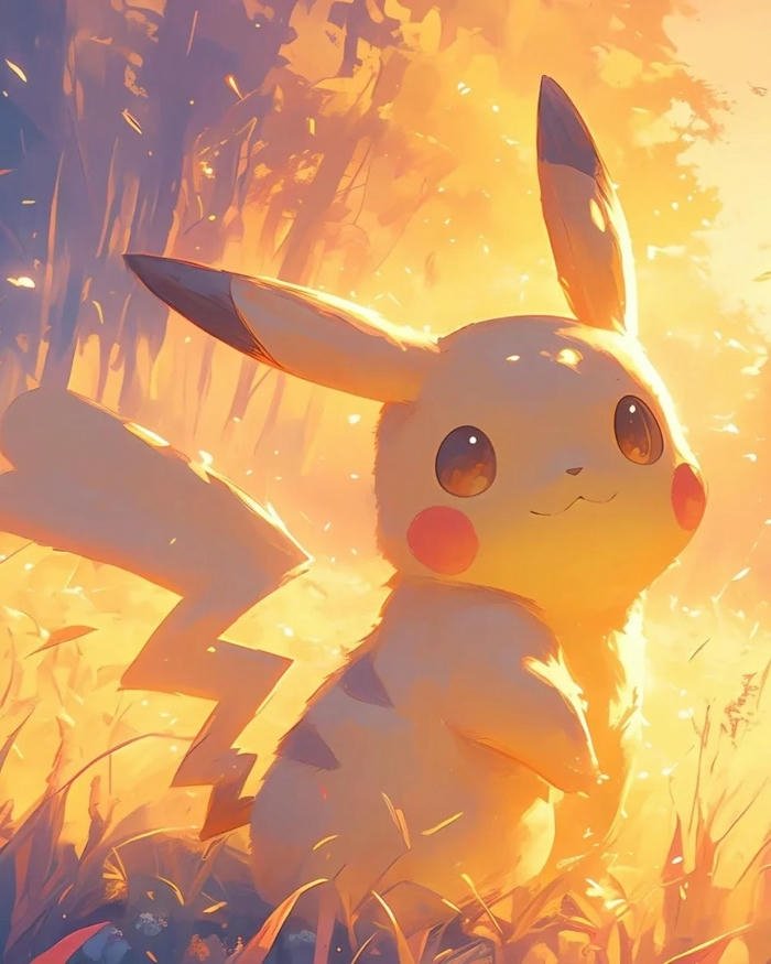 Hình nền Pikachu đứng giữa đồng cỏ dưới hoàng hôn