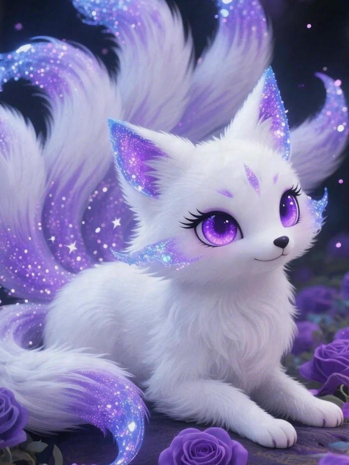 Hồ ly chín đuôi anime màu tím mắt xanh biếc đẹp