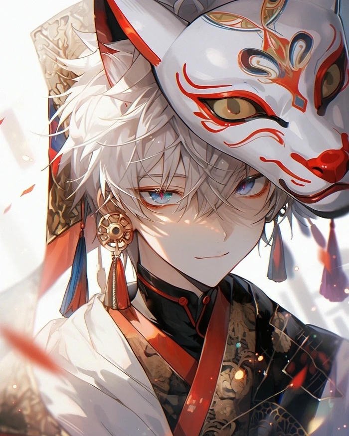Hồ ly tinh anime nam tóc trắng đeo mặt nạ hồ ly đỏ