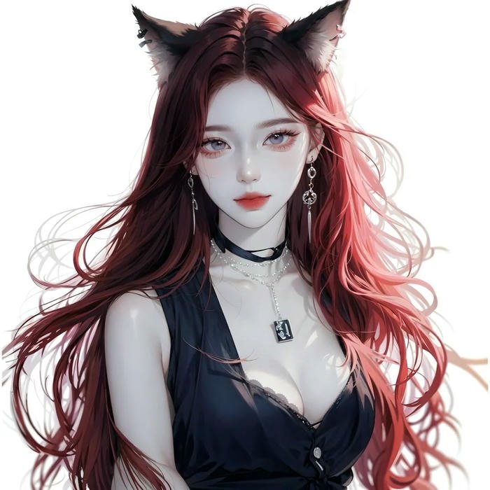 Hồ ly tinh anime nữ tóc đỏ tai đỏ mặc váy đen quyến rũ