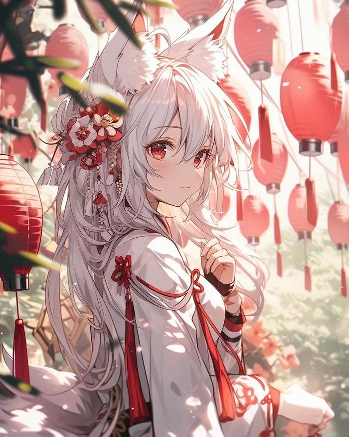 Hồ ly tinh anime nữ tóc hồng váy hồng lộng lẫy