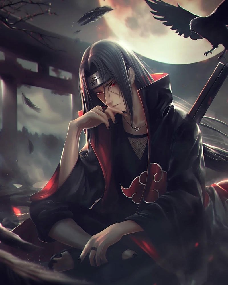 Itachi Akatsuki ngồi trên mái nhà dưới trăng