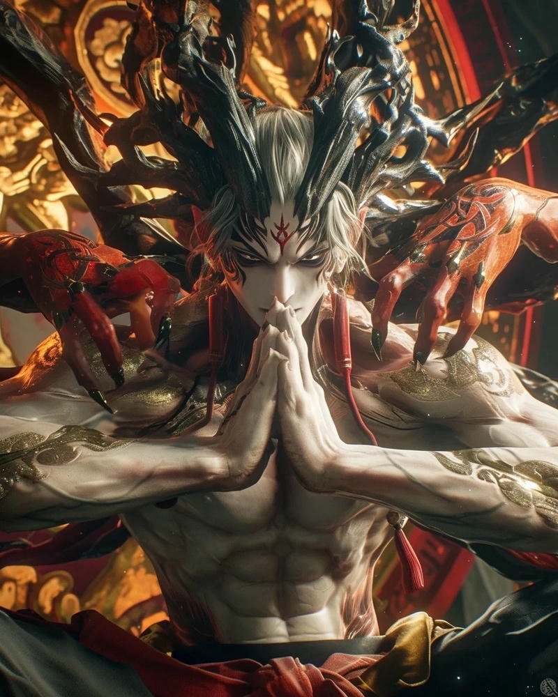 Nhân vật anime ác quỷ cơ bắp với hào quang vàng
