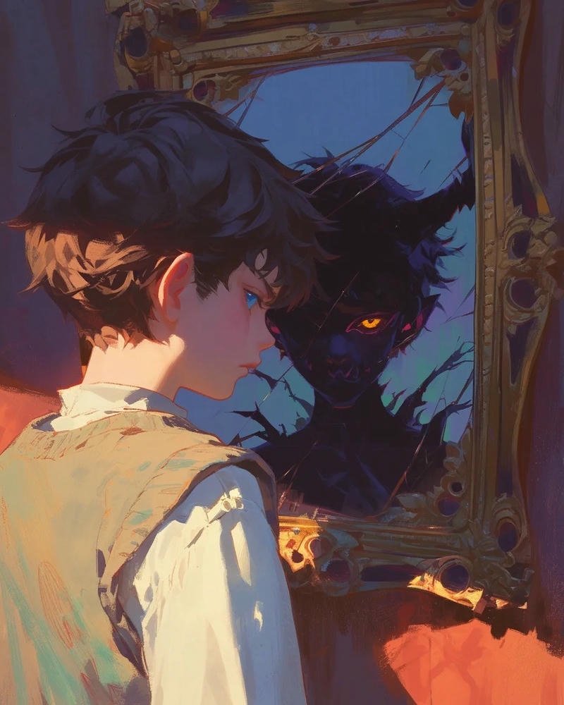 Nhân vật anime ác quỷ nhìn vào gương thấy bóng