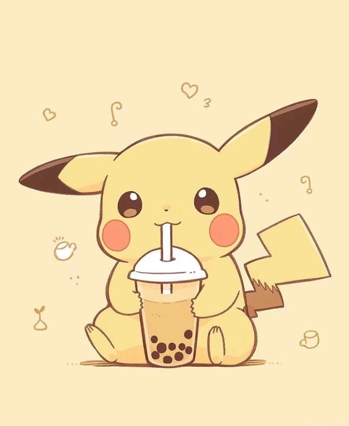 Pikachu cute đang thưởng thức ly trà sữa trân châu