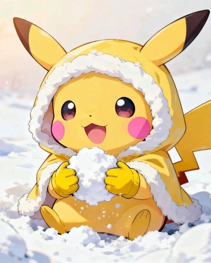 Pikachu cute mặc áo khoác mùa đông cầm bóng tuyết