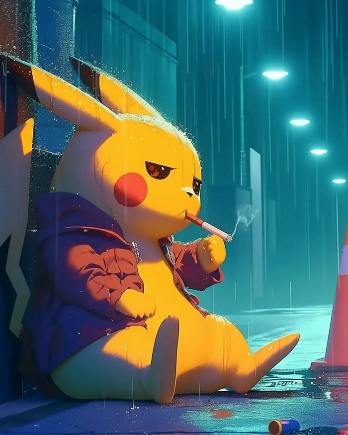 Pikachu ngầu ngồi trên mái nhà ngắm cảnh đêm