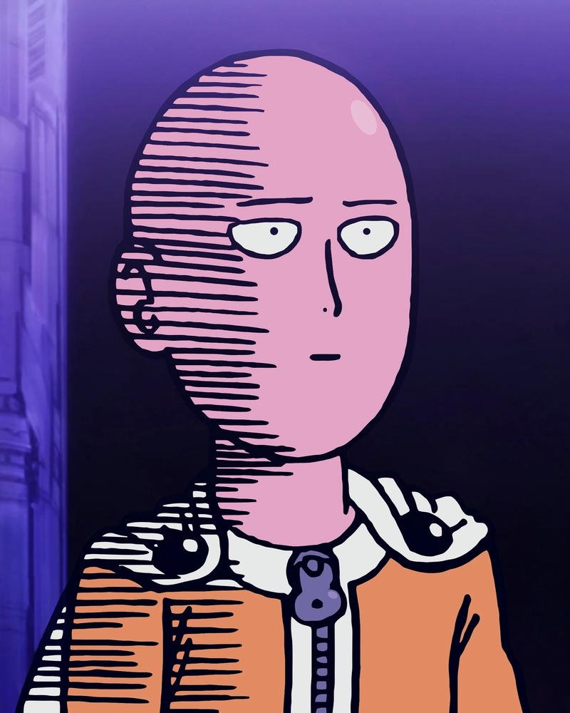 Saitama One Punch Man mặt đơ trên nền tím