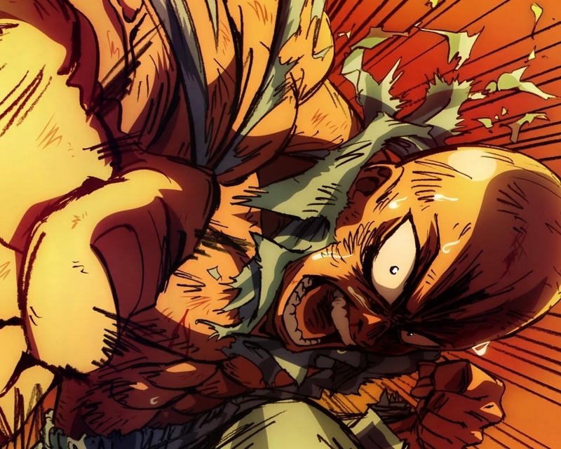 Saitama chibi đang chiến đấu với quái vật lớn