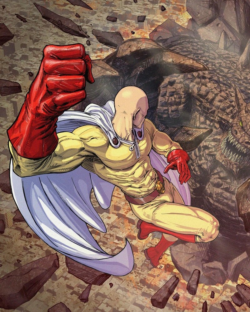 Saitama chibi tung cú đấm khổng lồ màu đỏ