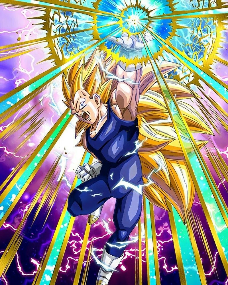Vegeta Super Saiyan lấp lánh hào quang bảy sắc cầu vồng