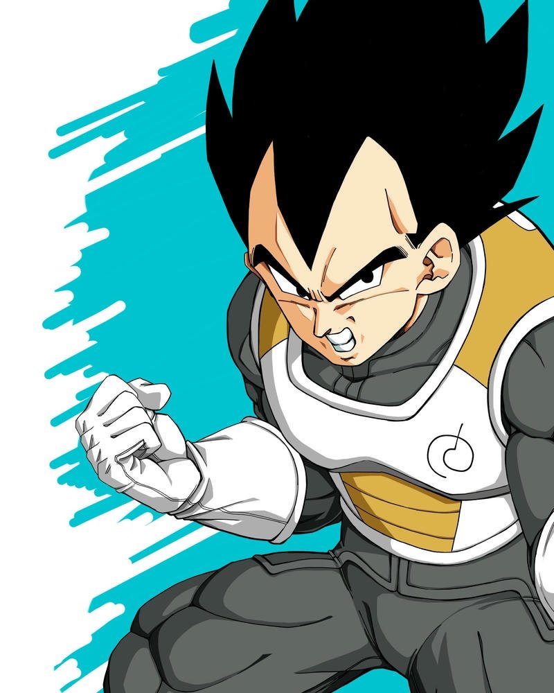 Vegeta anime tóc đen mặc giáp trắng cười nhếch mép