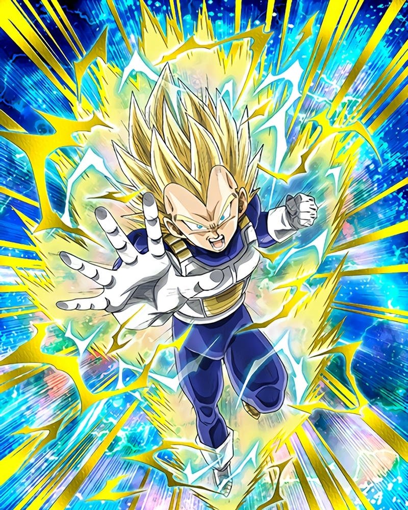 Vegeta anime tóc vàng gồng sức mạnh màu xanh vàng