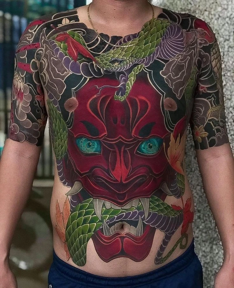 Ảnh hình xăm full bụng nam mẫu quỷ oni phong cách irezumi