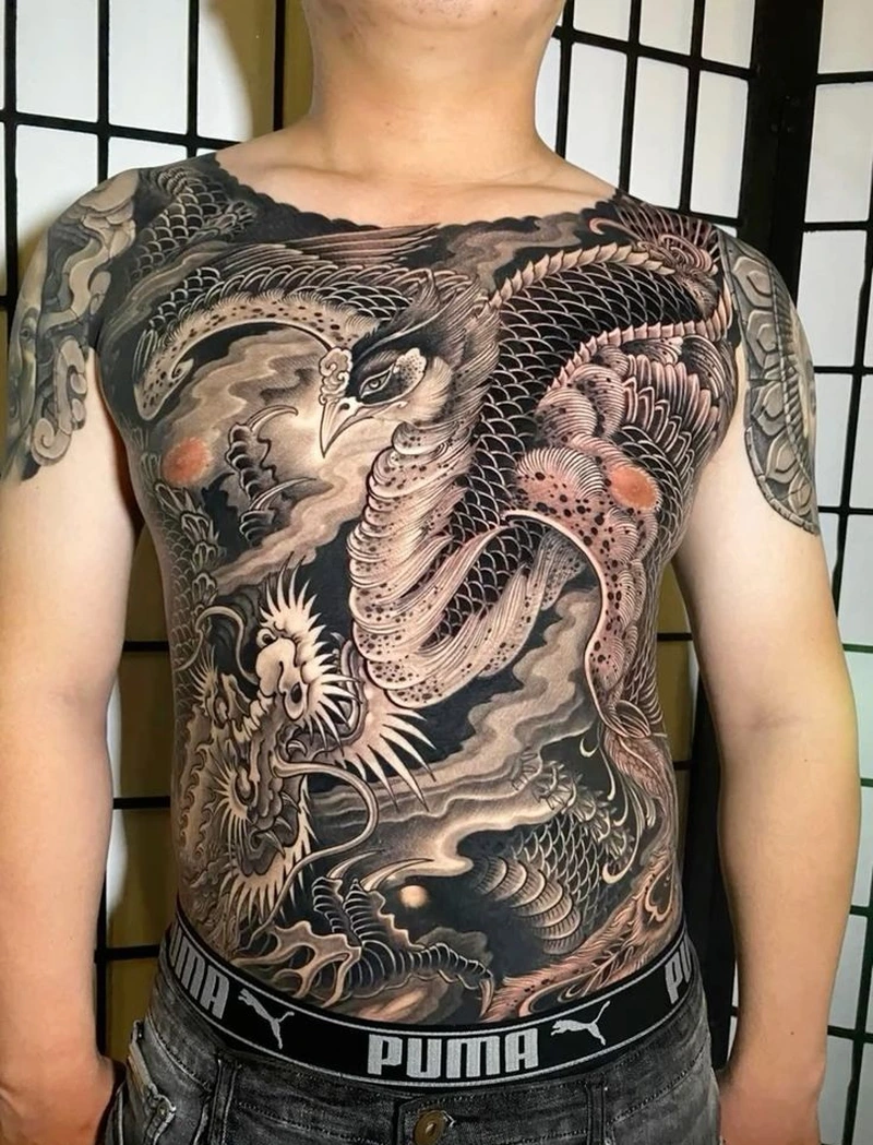 Hình ảnh xăm full bụng nam kiểu phượng hoàng lửa cực đẹp
