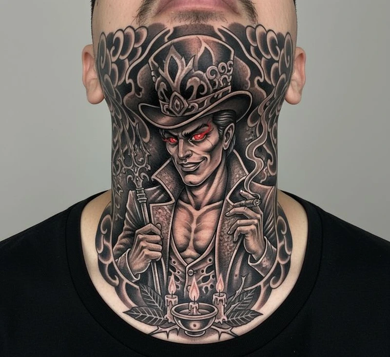 Tattoo đầu lâu trên cổ mang vibe bí ẩn và cuốn hút
