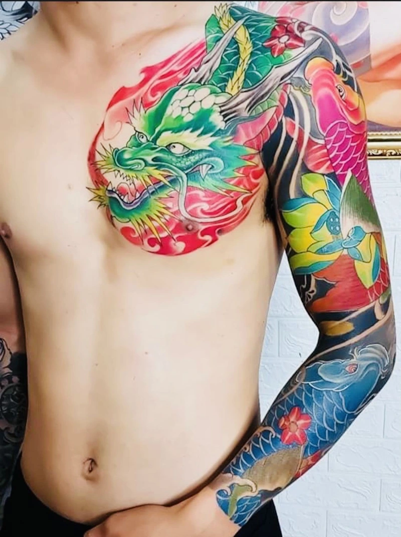 Ảnh tattoo cánh tay nam với họa tiết rồng nhật cổ cực đẹp