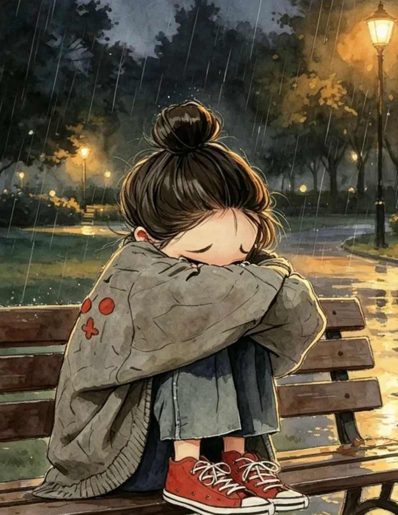 anime buồn bên hàng ghế công viên